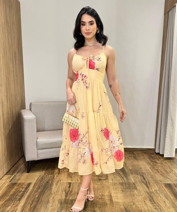 Vestido Midi Zoe com Bojo Alça Regulável Estampado Amarelo - Fernanda Ramos Store