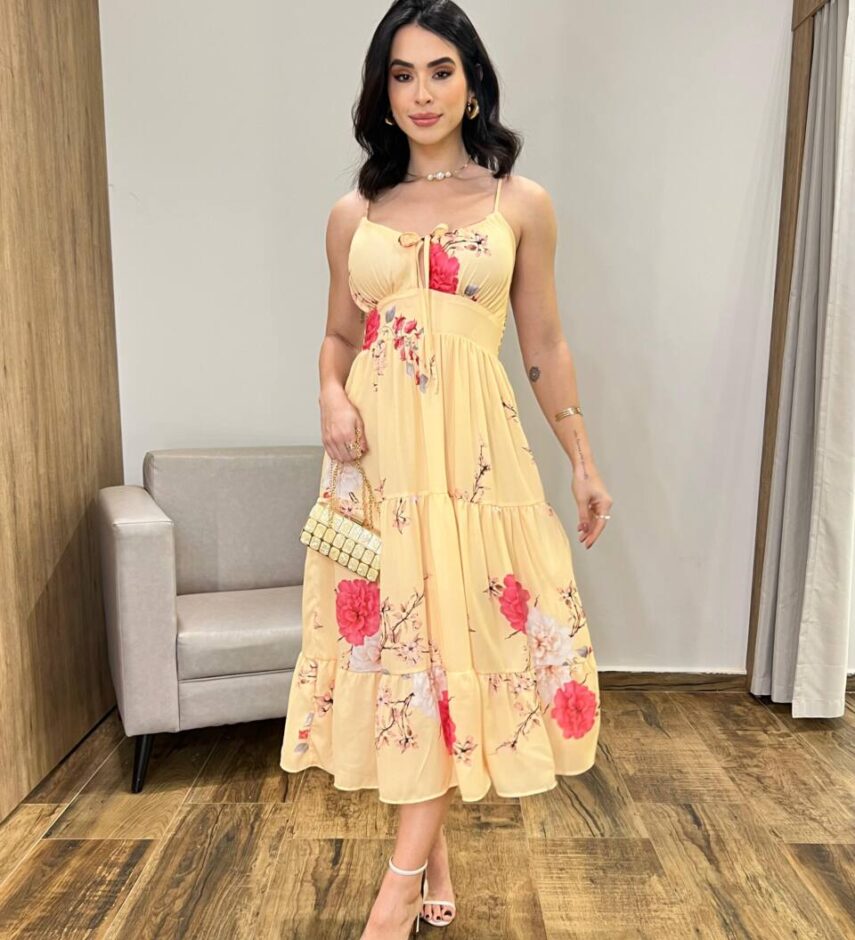 Vestido Midi Zoe com Bojo Alça Regulável Estampado Amarelo - Fernanda Ramos Store