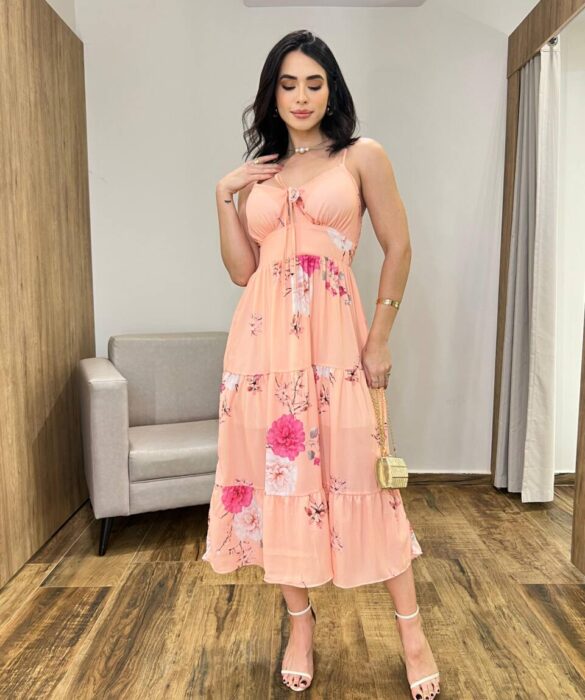 Vestido Midi Zoe com Bojo Alça Regulável Estampado Salmão - Fernanda Ramos Store