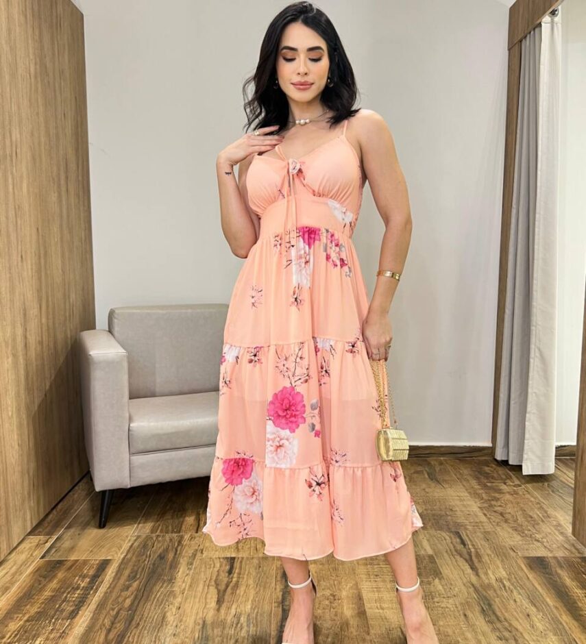 Vestido Midi Zoe com Bojo Alça Regulável Estampado Salmão - Fernanda Ramos Store