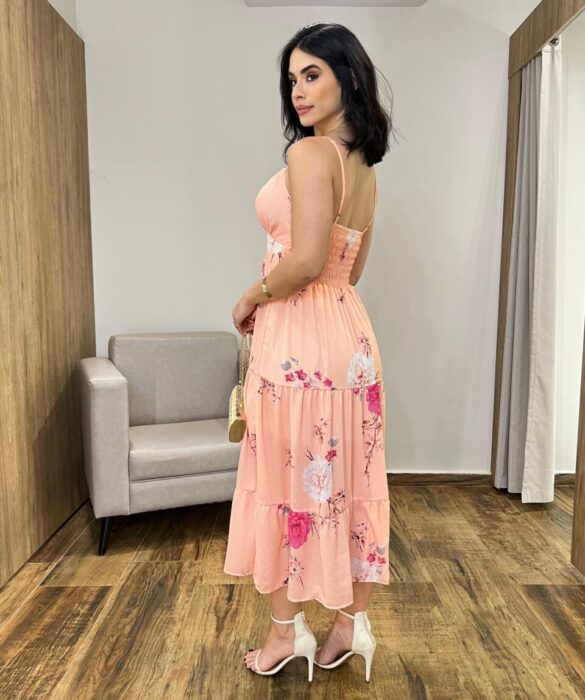 Vestido Midi Zoe com Bojo Alça Regulável Estampado Salmão - Fernanda Ramos Store