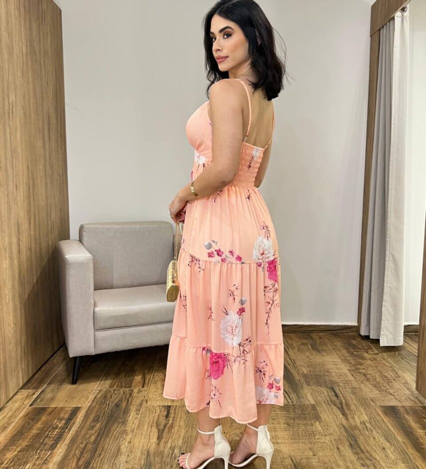 Vestido Midi Zoe com Bojo Alça Regulável Estampado Salmão - Fernanda Ramos Store