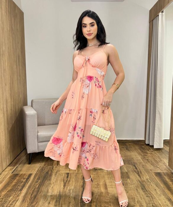 Vestido Midi Zoe com Bojo Alça Regulável Estampado Salmão - Fernanda Ramos Store