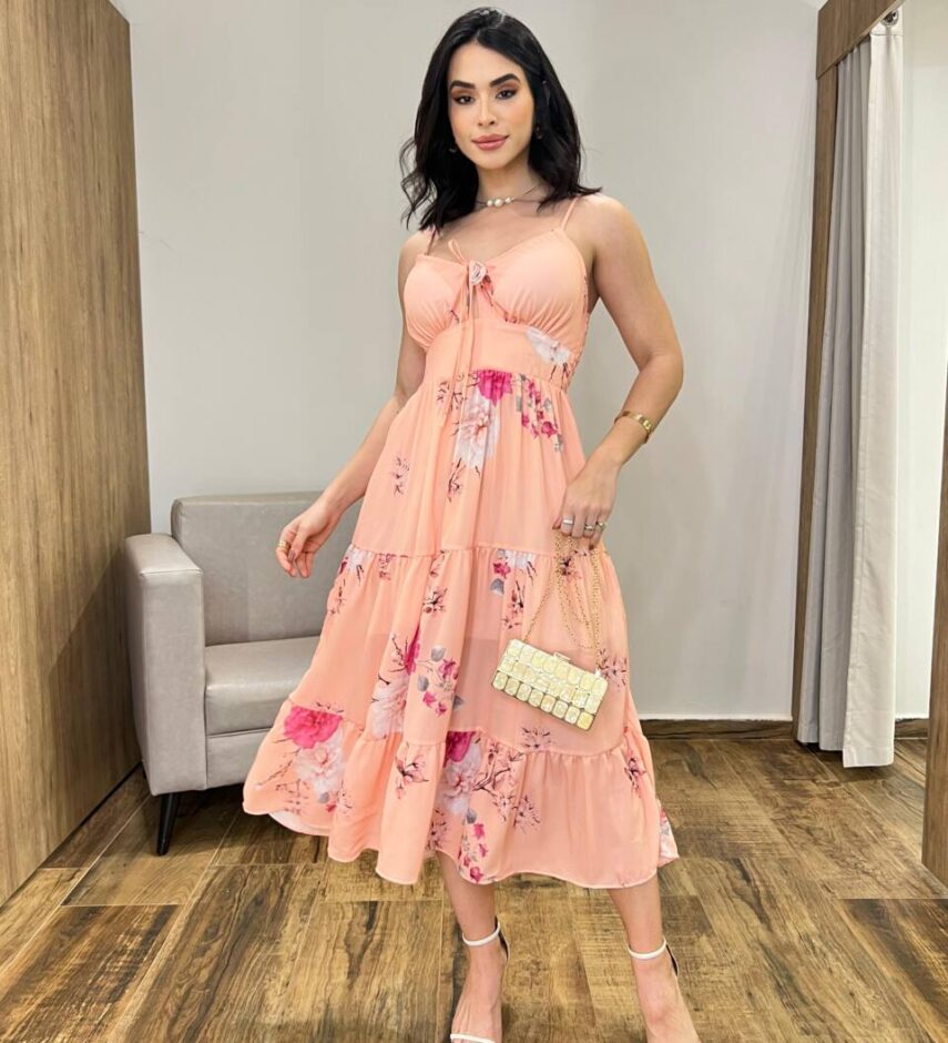 Vestido Midi Zoe com Bojo Alça Regulável Estampado Salmão - Fernanda Ramos Store