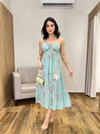 Vestido Midi Zoe com Bojo Alça Regulável Estampado Verde - Fernanda Ramos Store