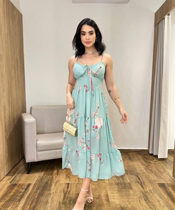 Vestido Midi Zoe com Bojo Alça Regulável Estampado Verde - Fernanda Ramos Store