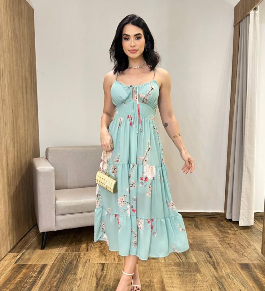 Vestido Midi Zoe com Bojo Alça Regulável Estampado Verde - Fernanda Ramos Store