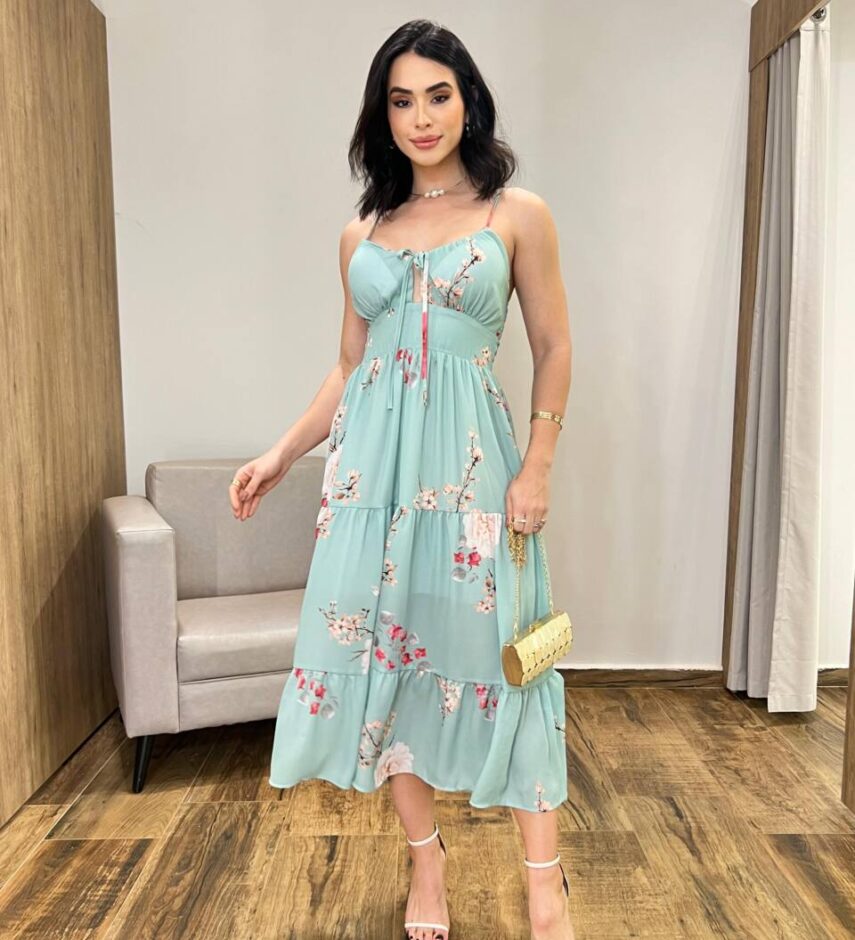 Vestido Midi Zoe com Bojo Alça Regulável Estampado Verde - Fernanda Ramos Store