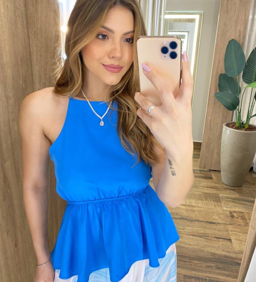 Blusa Bata Feminina sem Bojo Cecília com Amarração Atrás Azul - Fernanda Ramos Store