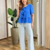 Blusa Bata Manga Curta Alice com Amarração Frontal Azul - Fernanda Ramos Store