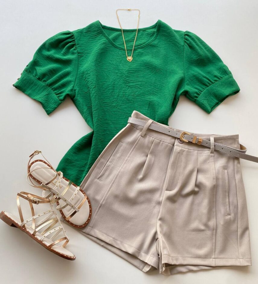 Blusa Feminina Crepe Manga Curta com Detalhe de Botões Verde - Fernanda Ramos Store
