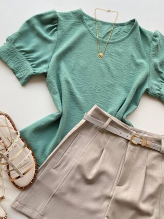Blusa Feminina Crepe Manga Curta com Detalhe de Botões Verde Menta - Fernanda Ramos Store