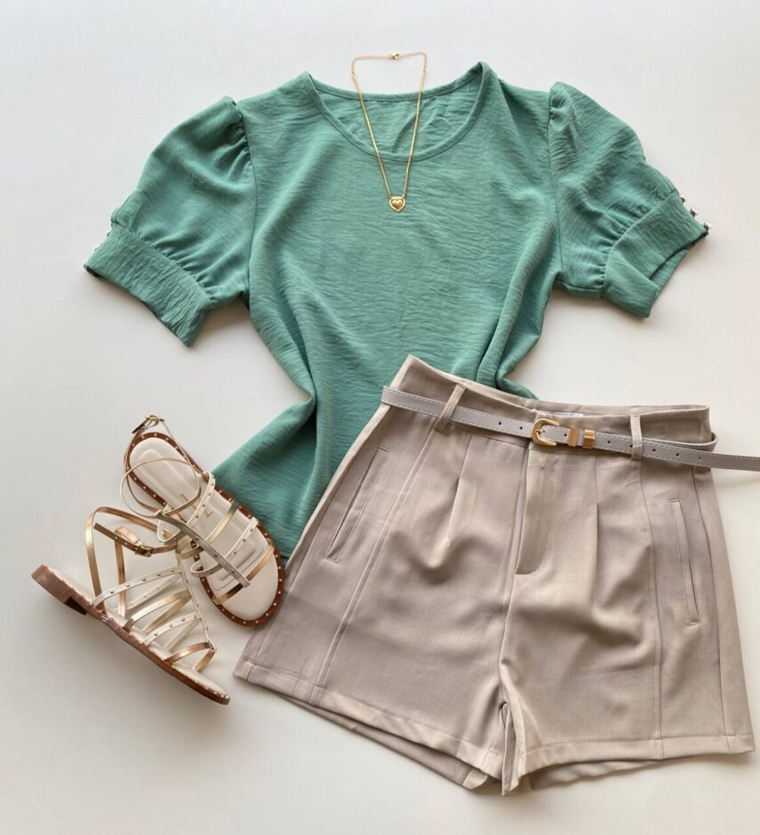 Blusa Feminina Crepe Manga Curta com Detalhe de Botões Verde Menta - Fernanda Ramos Store