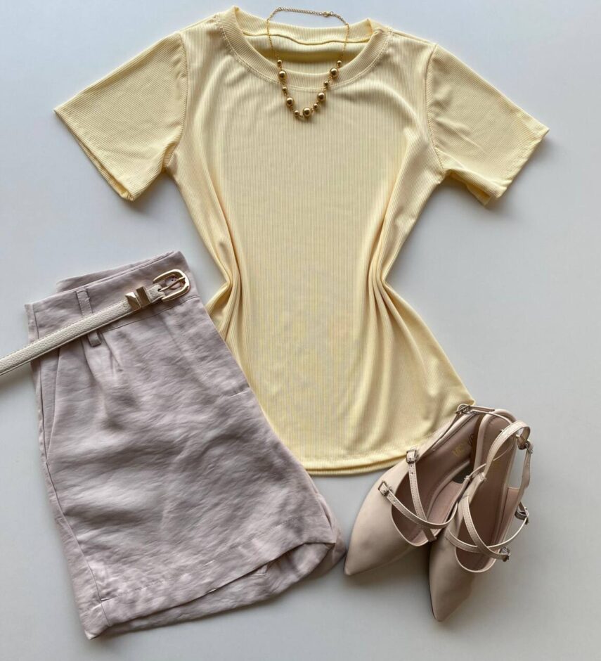 Blusa Feminina Manga Curta Agatha Canelada Amarela - Fernanda Ramos Store