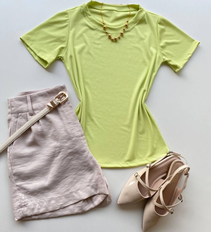 Blusa Feminina Manga Curta Agatha Canelada Verde Lima - Fernanda Ramos Store