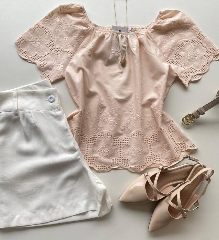 Blusa Feminina Manga Curta Júlia com Bordado Salmão - Fernanda Ramos Store