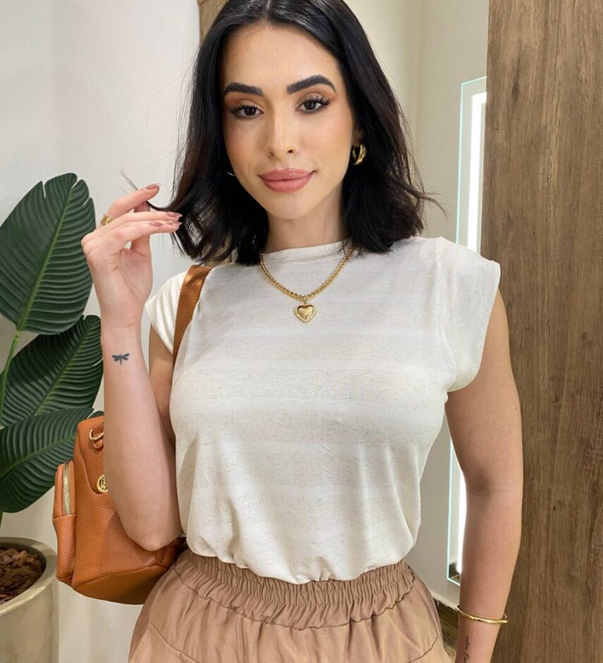 Blusa Feminina Tee Muscle Núbia Off White Mesclado Listrada - Fernanda Ramos Store