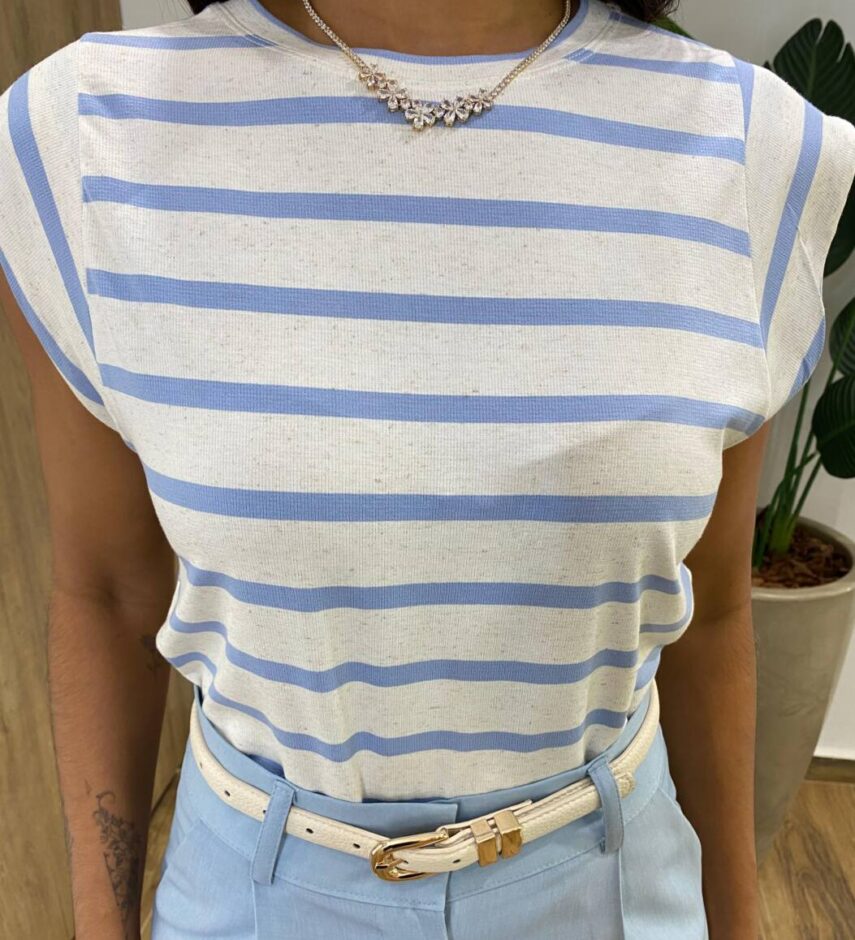 Blusa Feminina Tee Muscle Núbia Off White Mesclado Listrada de Azul - Fernanda Ramos Store