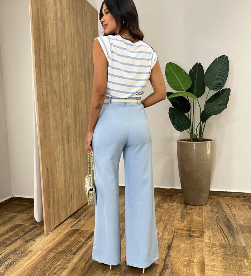 Blusa Feminina Tee Muscle Núbia Off White Mesclado Listrada de Azul - Fernanda Ramos Store