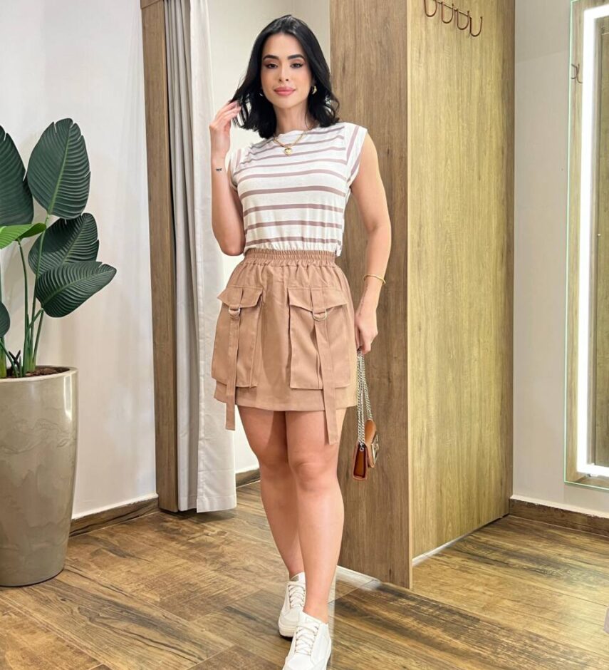 Blusa Feminina Tee Muscle Núbia Off White Mesclado Listrada de Bege - Fernanda Ramos Store