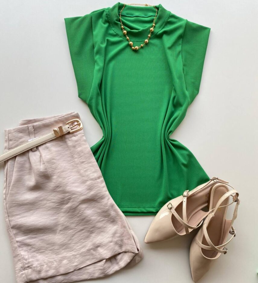 Blusa Tee Muscle Feminina Rebeca Canelada Verde Bandeira - Fernanda Ramos Store