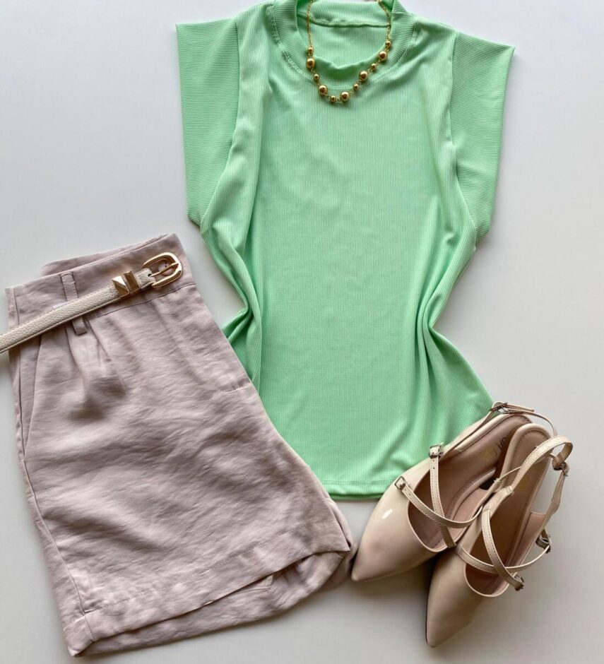 Blusa Tee Muscle Feminina Rebeca Canelada Verde Claro - Fernanda Ramos Store