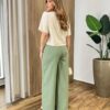 Calça Feminina Alfaiataria Pantalona Aurora Verde Oliva - Fernanda Ramos Store