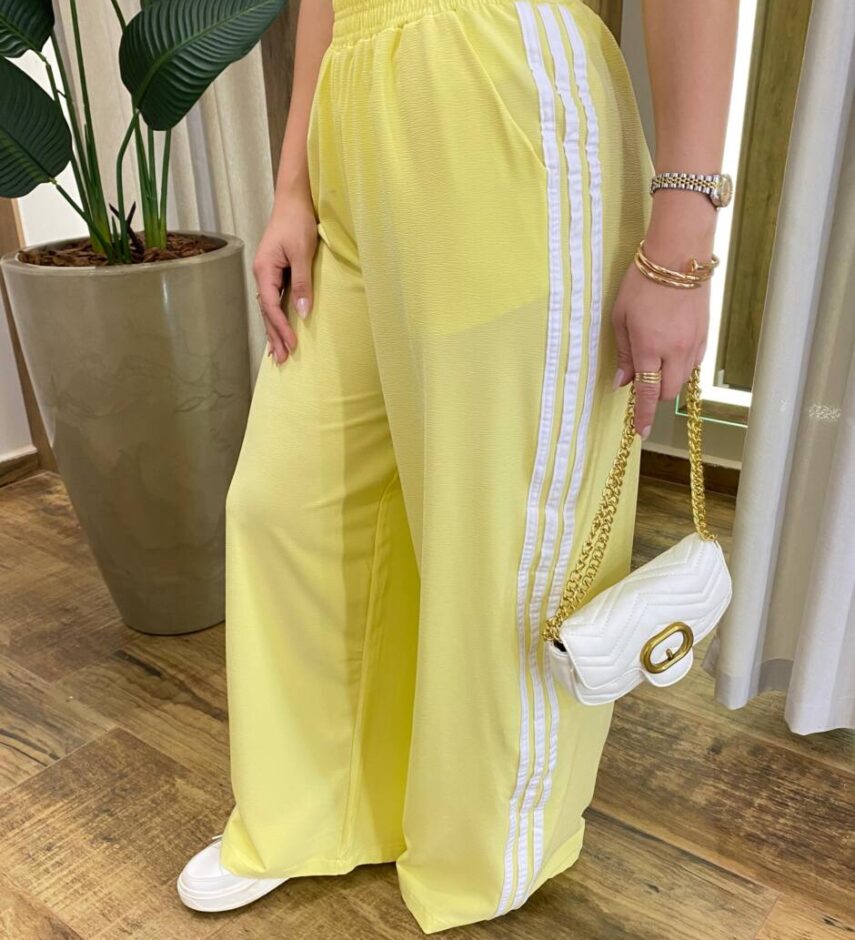 Calça Feminina Pantalona Duda Amarela com Detalhe de Listras - Fernanda Ramos Store