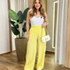 Calça Feminina Pantalona Duda Amarela com Detalhe de Listras - Fernanda Ramos Store