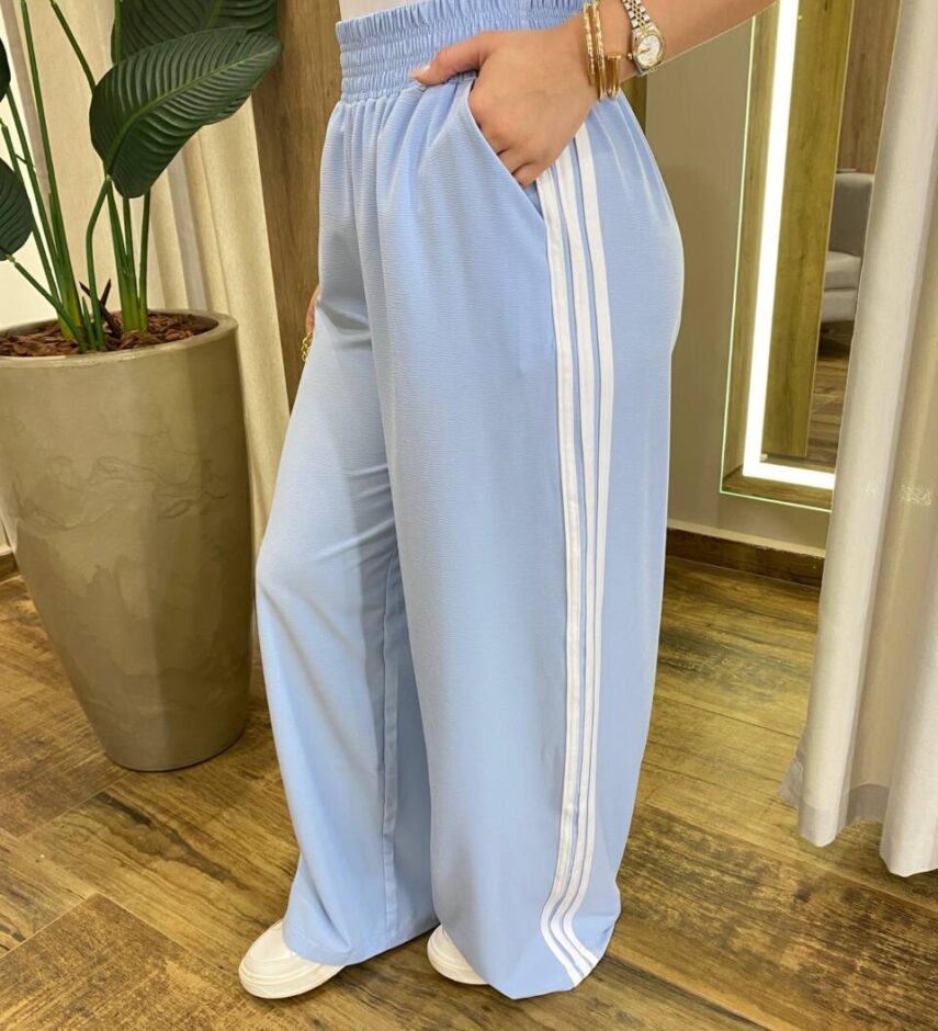 Calça Feminina Pantalona Duda Azul com Detalhe de Listras - Fernanda Ramos Store