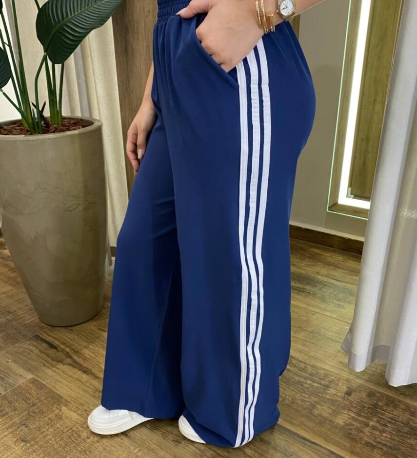 Calça Feminina Pantalona Duda Azul Marinho com Detalhe de Listras - Fernanda Ramos Store