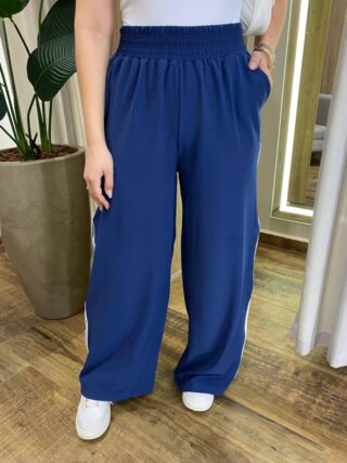 Calça Feminina Pantalona Duda Azul Marinho com Detalhe de Listras - Fernanda Ramos Store