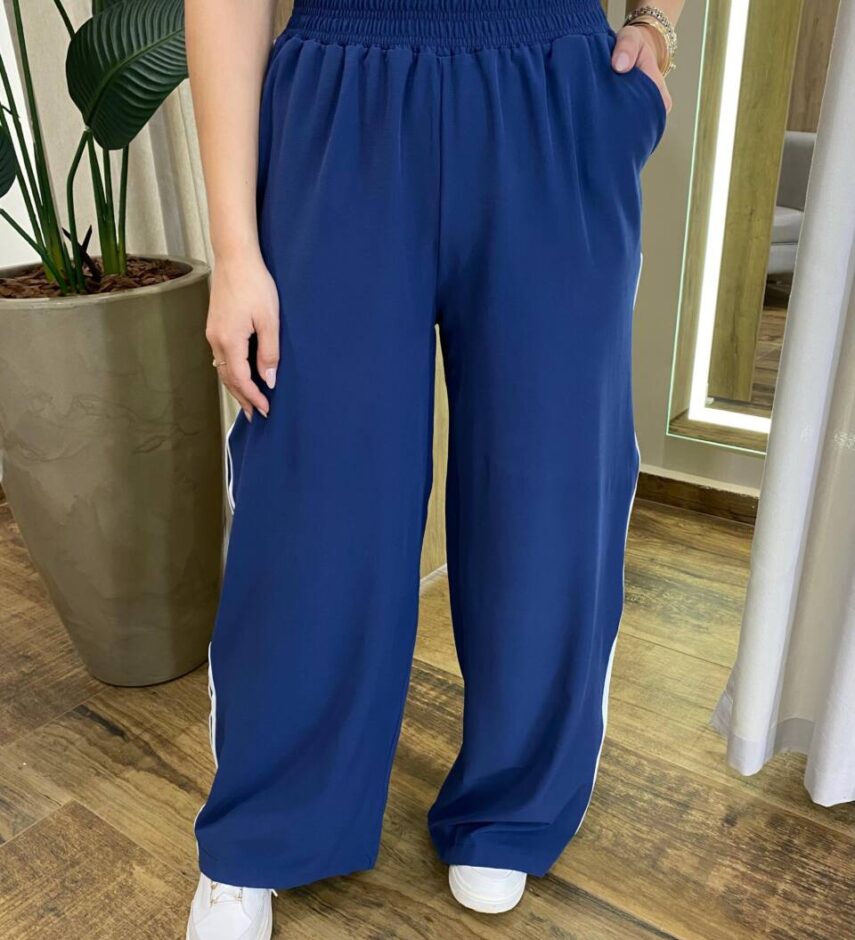 Calça Feminina Pantalona Duda Azul Marinho com Detalhe de Listras - Fernanda Ramos Store