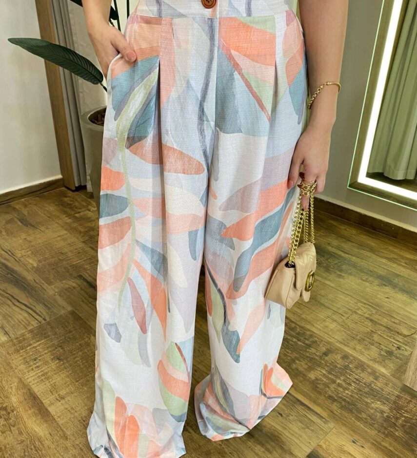 Calça Feminina Pantalona Malú Estampada com Fundo Off White - Fernanda Ramos Store