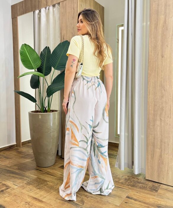 Calça Feminina Pantalona Malú Off White Estampada - Fernanda Ramos Store