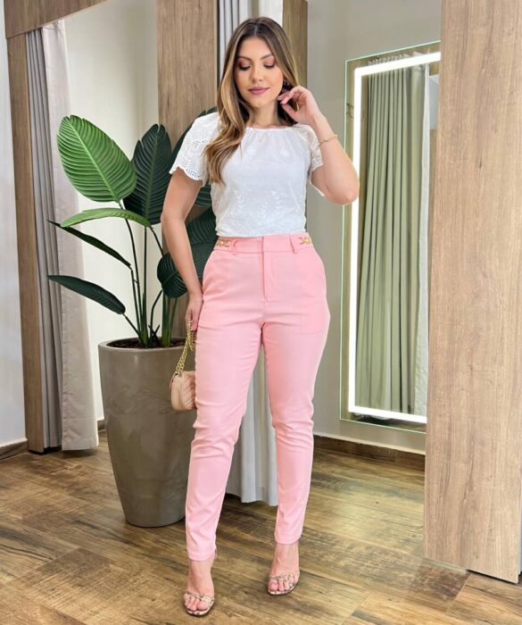 Calça Feminina Social Skinny Valentina Rosa com Elastano - Fernanda Ramos Store