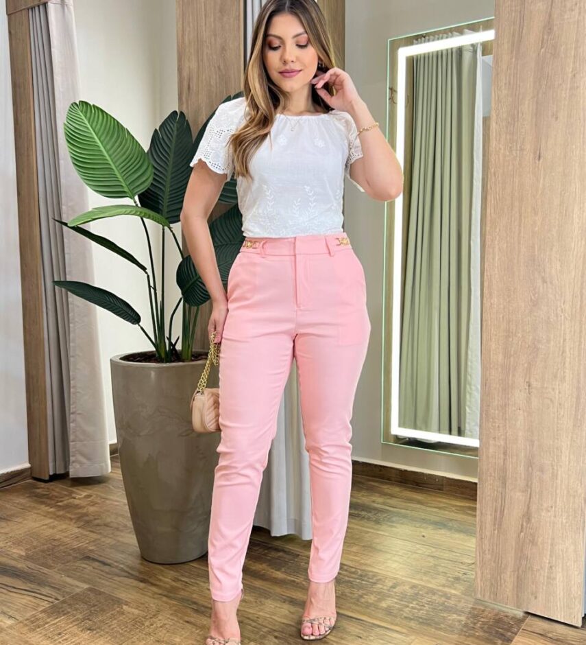 Calça Feminina Social Skinny Valentina Rosa com Elastano - Fernanda Ramos Store