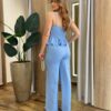 Conjunto Feminino Alfaiataria Fer Cropped e Calça Pantalona Azul - Fernanda Ramos Store