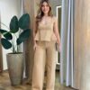 Conjunto Feminino Alfaiataria Fer Cropped e Calça Pantalona Bege - Fernanda Ramos Store