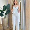 Conjunto Feminino Alfaiataria Fer Cropped e Calça Pantalona Off White - Fernanda Ramos Store