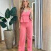 Conjunto Feminino Alfaiataria Fer Cropped e Calça Pantalona Rosa - Fernanda Ramos Store