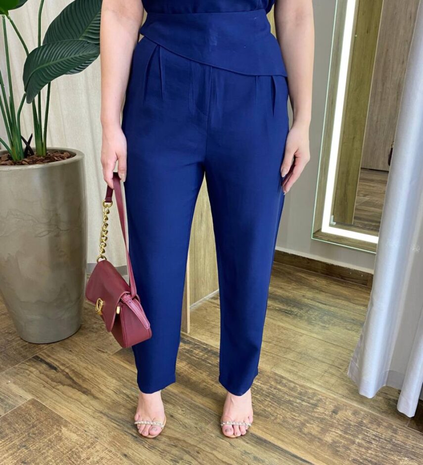 Conjunto Feminino Ana Cropped Nula Manga e Calça Azul Marinho - Fernanda Ramos Store