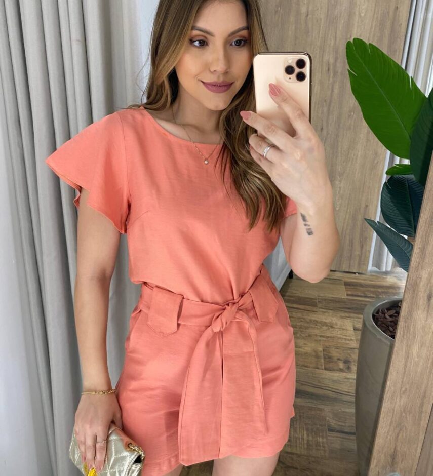 Conjunto Feminino Bia Blusa Manga Curta e Short com Amarração Salmão - Fernanda Ramos Store