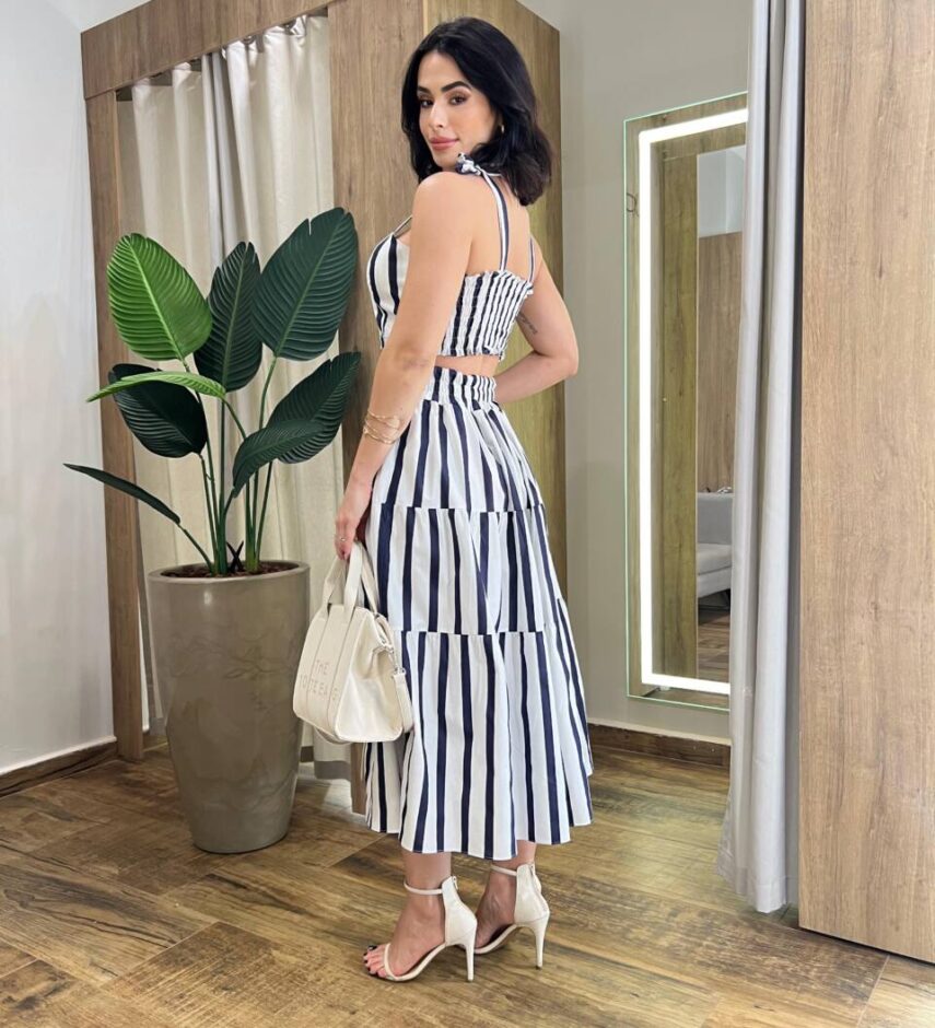 Conjunto Feminino Elo Cropped sem Bojo e Saia Midi Listrado - Fernanda Ramos Store