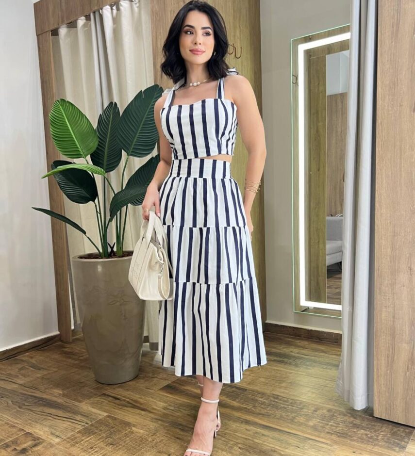Conjunto Feminino Elo Cropped sem Bojo e Saia Midi Listrado - Fernanda Ramos Store