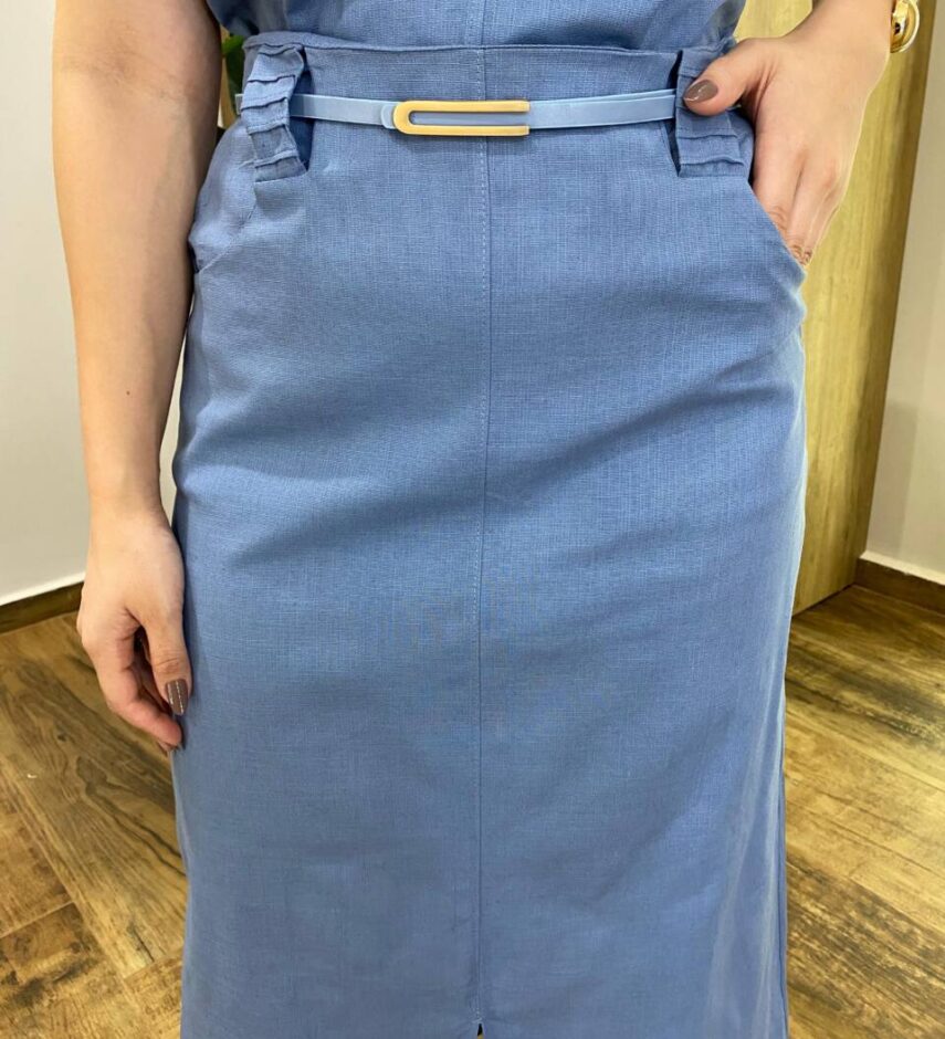 Conjunto Feminino Sarah Cropped e Saia Midi Azul com Cinto - Fernanda Ramos Store