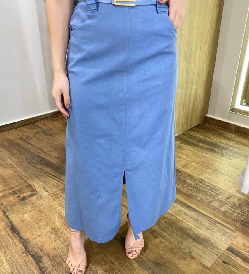 Conjunto Feminino Sarah Cropped e Saia Midi Azul com Cinto - Fernanda Ramos Store