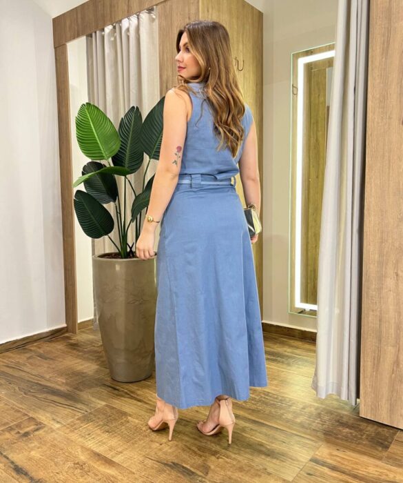 Conjunto Feminino Sarah Cropped e Saia Midi Azul com Cinto - Fernanda Ramos Store