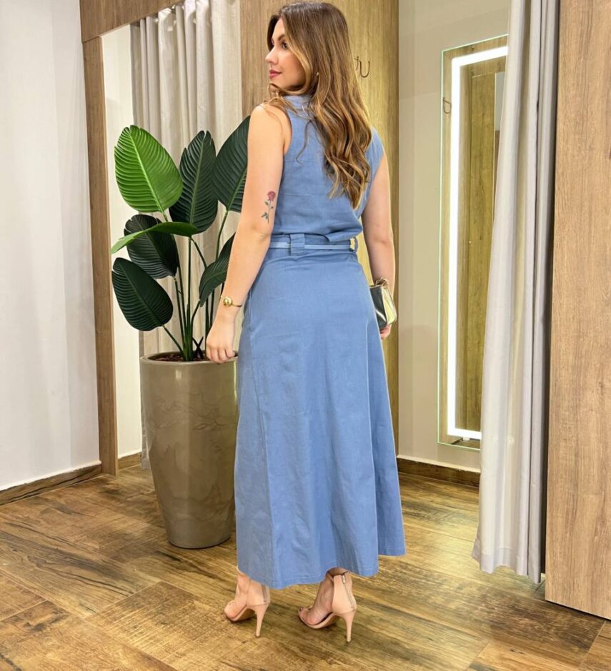 Conjunto Feminino Sarah Cropped e Saia Midi Azul com Cinto - Fernanda Ramos Store