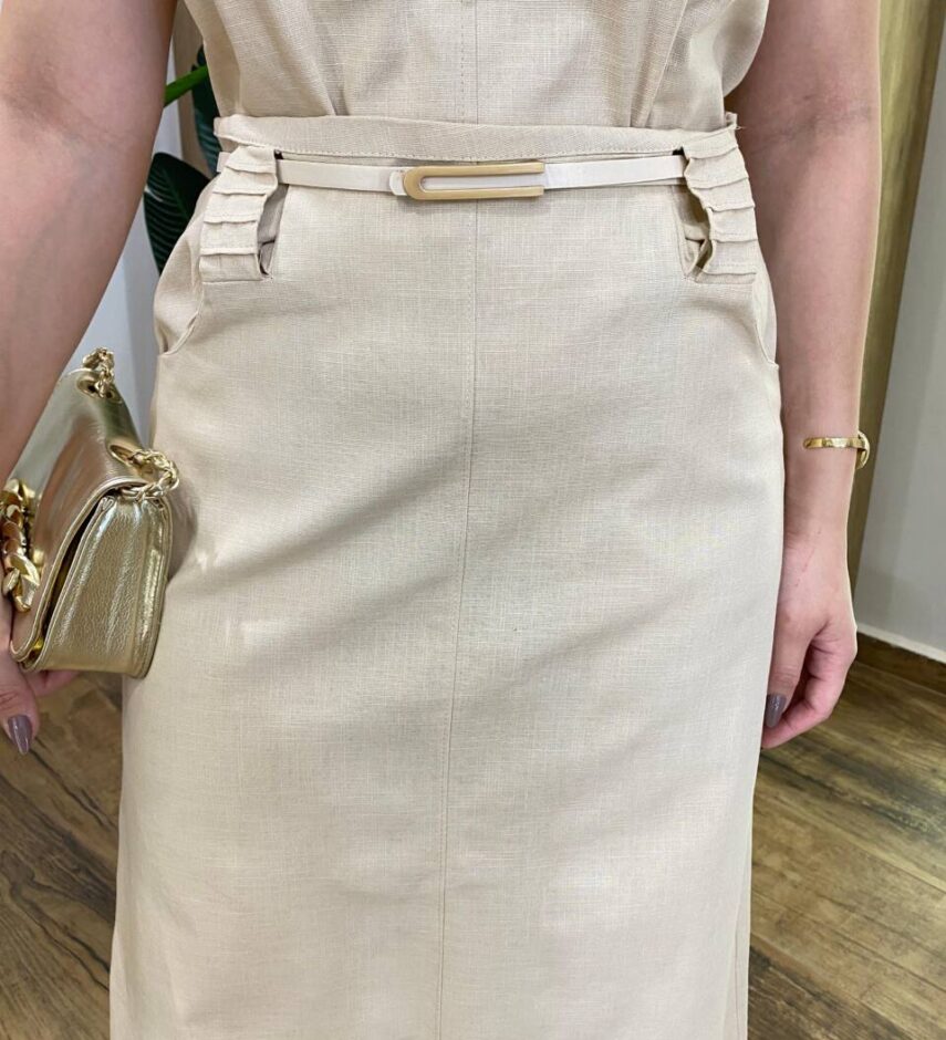 Conjunto Feminino Sarah Cropped e Saia Midi Bege com Cinto - Fernanda Ramos Store